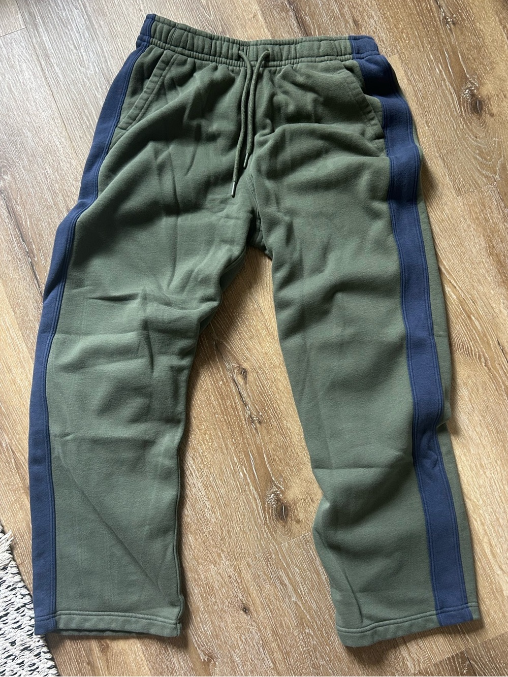 Abercrombie Men's Olive Green Jogger Pants with Navy Side Stripe